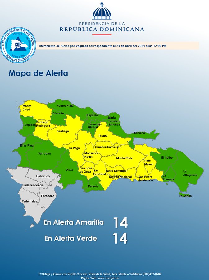 Aumentan a 14 las provincias en alerta amarilla por vaguada